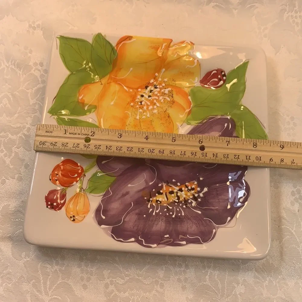 Laurie Gates California Decorator Ceramic Plates Set 2 Embossed Floral Design